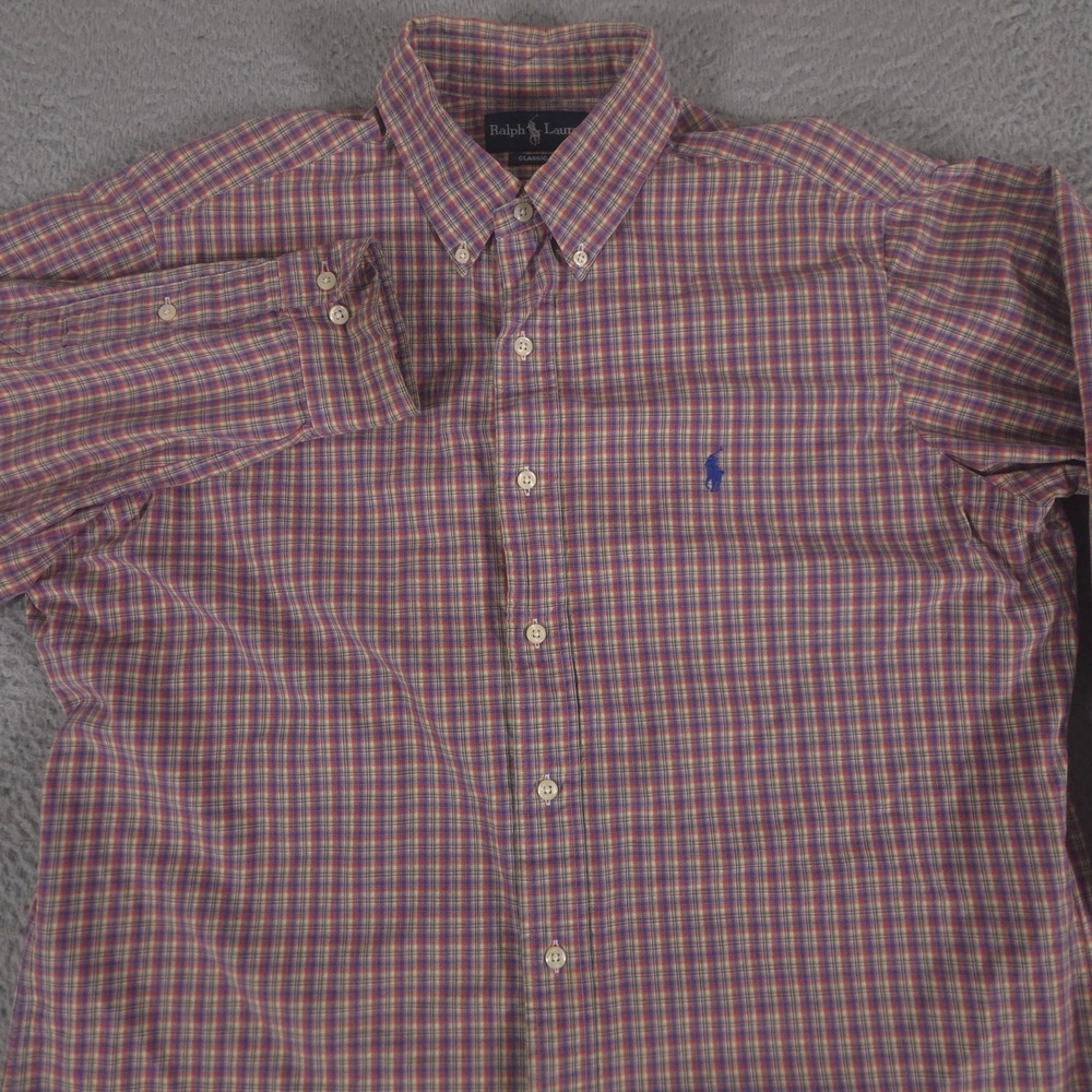 VINTAGE Ralph Lauren Shirt Men 16 Long Multi Plaid Cotton Classic Fit Preppy 90s